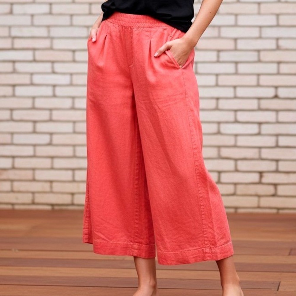 Athleta Playa Linen Wide Crop Pants Coral Pink Size 16 Relaxed Wide Leg Trousers